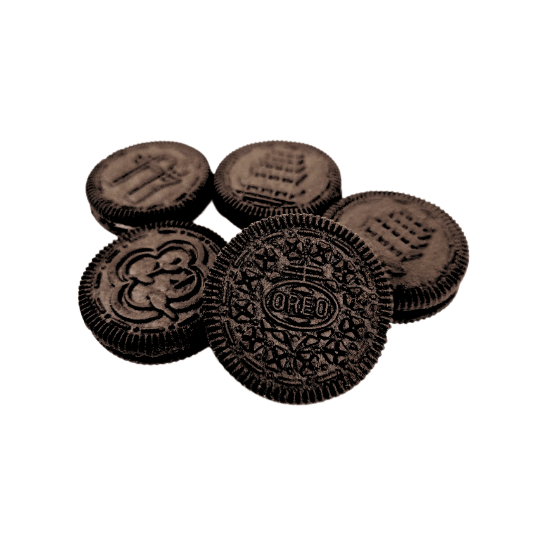 Five Oreo cookies on a white background